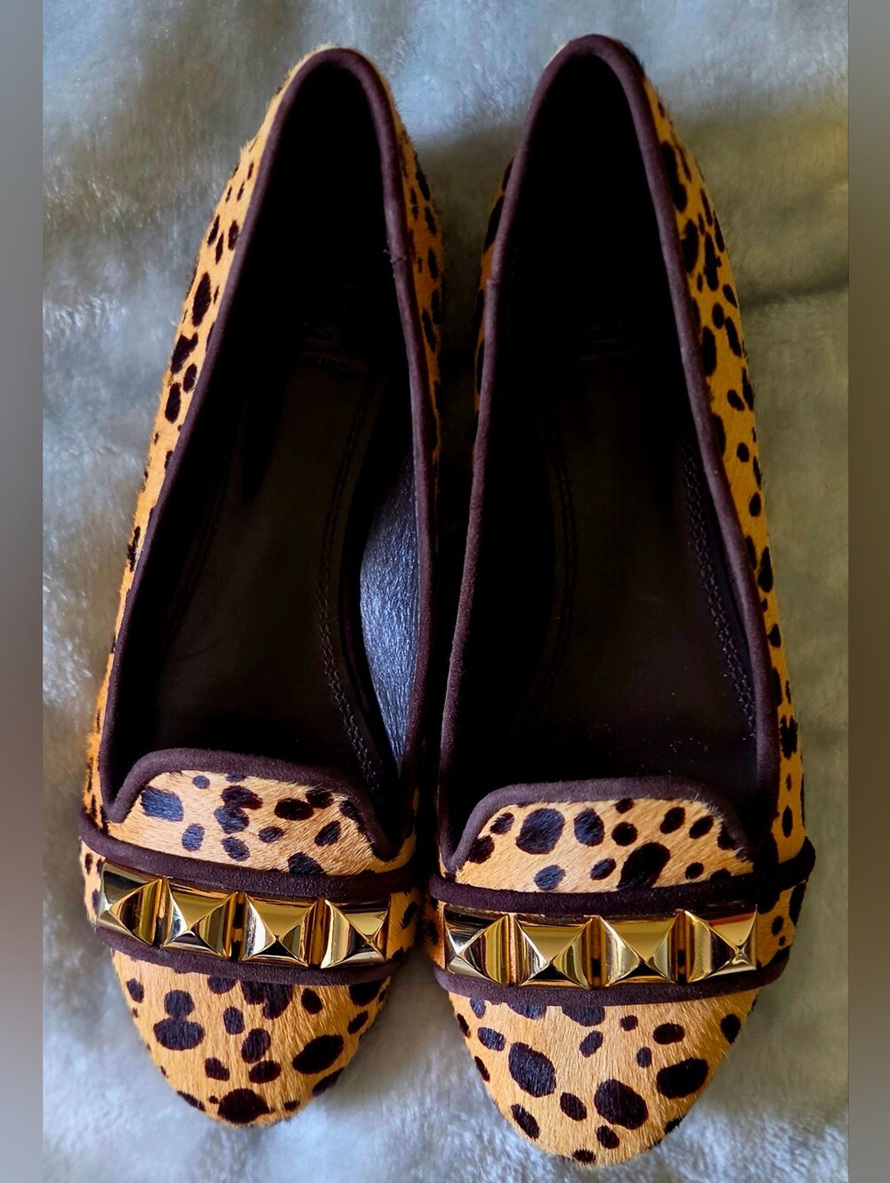Tory Burch Leopard-Print Pointed Flats with Gold Pyramid Studs